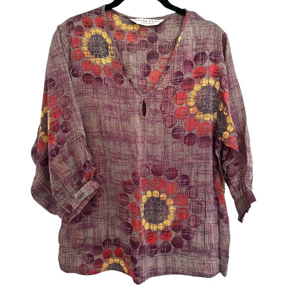 Trina Turk Silk Boho Top Womens Small 3/4 Sleeve Blouse Pullover v-neck Loose - Picture 1 of 6